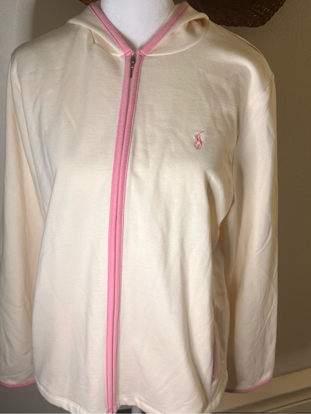Ralph Lauren Cream Hooded Zip Jacket with Pink Trim
